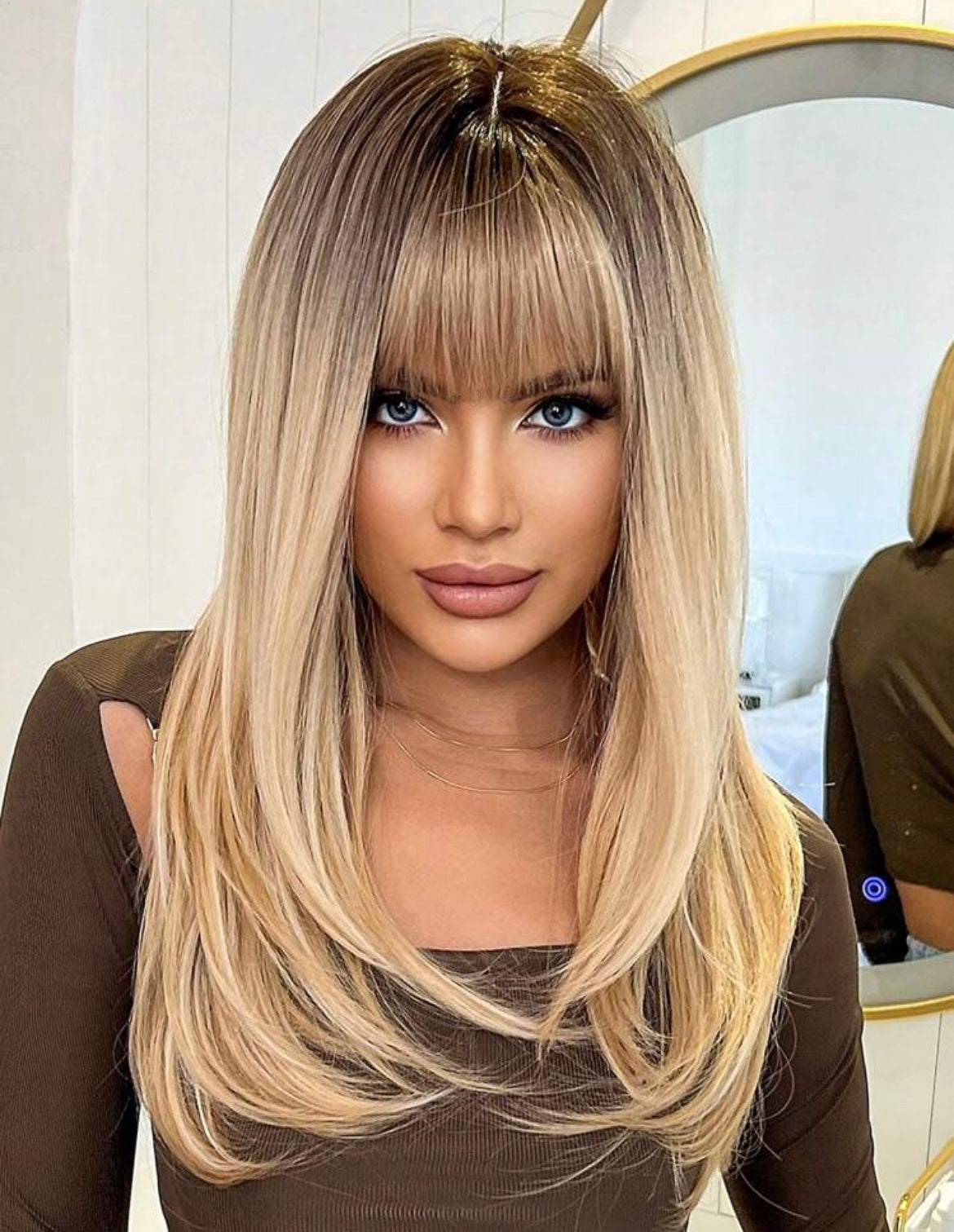 Long Gradient Gold Wig with Bangs – Natural Look Synthetic Hair for Women Heat Resistant & Daily Wear