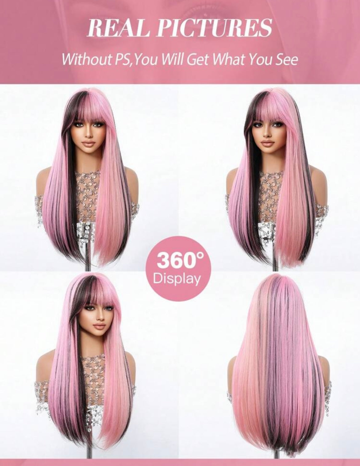 Ombre Black Pink Wig With Bangs Long Straight Wig For Women Natural Synthetic Daily Cosplay Party