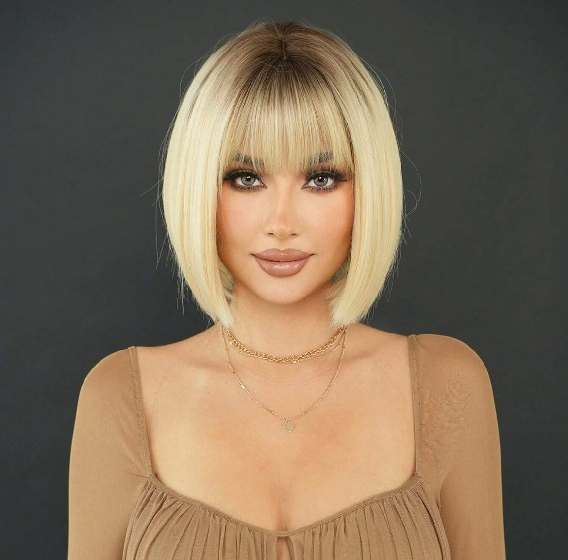 Short Straight Ombre Blonde Wig For Women Wig With Bangs Dark Roots Synthetic Heat Resistant Fiber