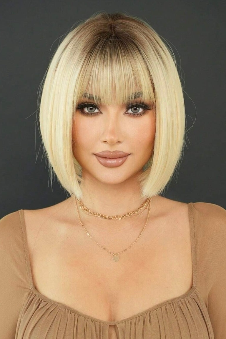 Short Straight Ombre Blonde Wig For Women Wig With Bangs Dark Roots Synthetic Heat Resistant Fiber