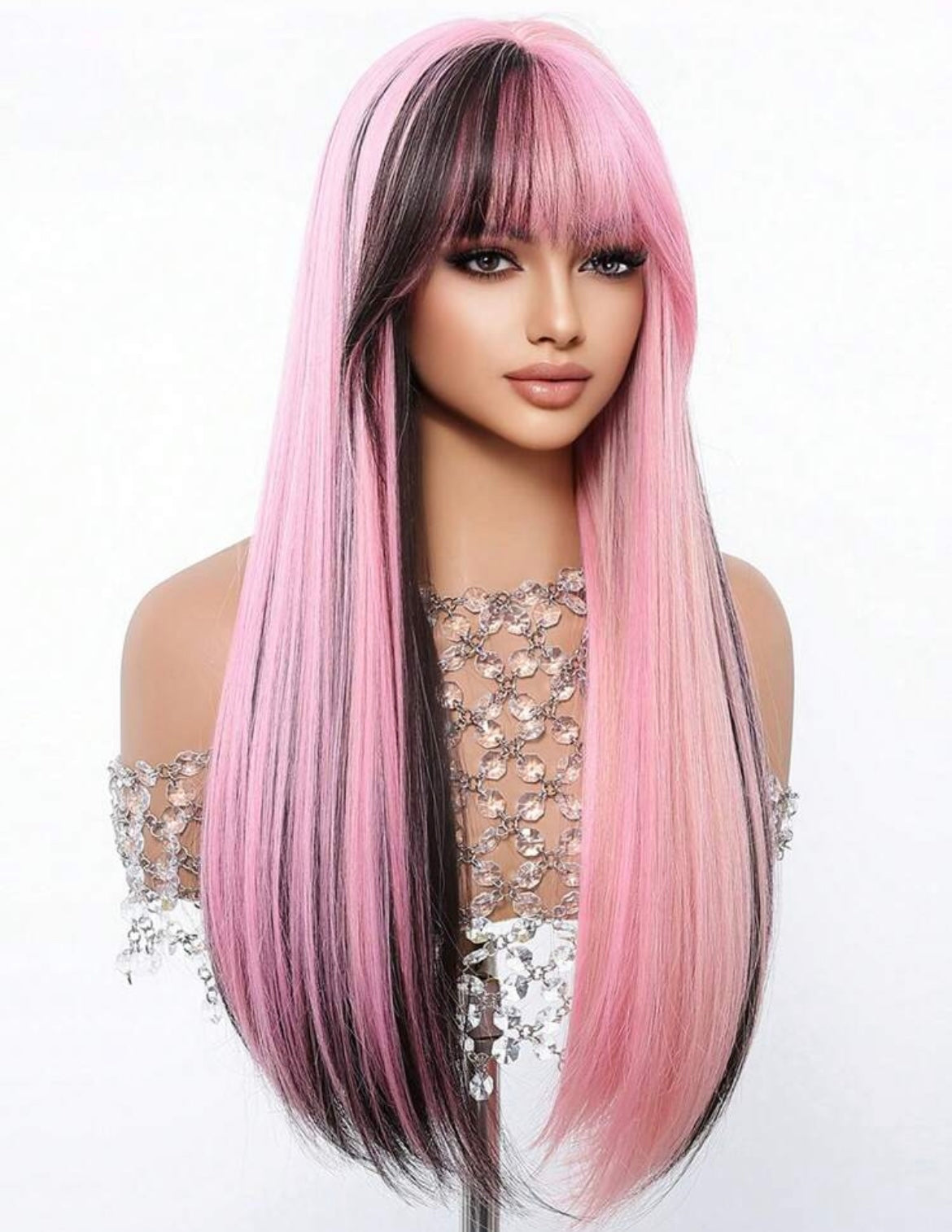 Ombre Black Pink Wig With Bangs Long Straight Wig For Women Natural Synthetic Daily Cosplay Party