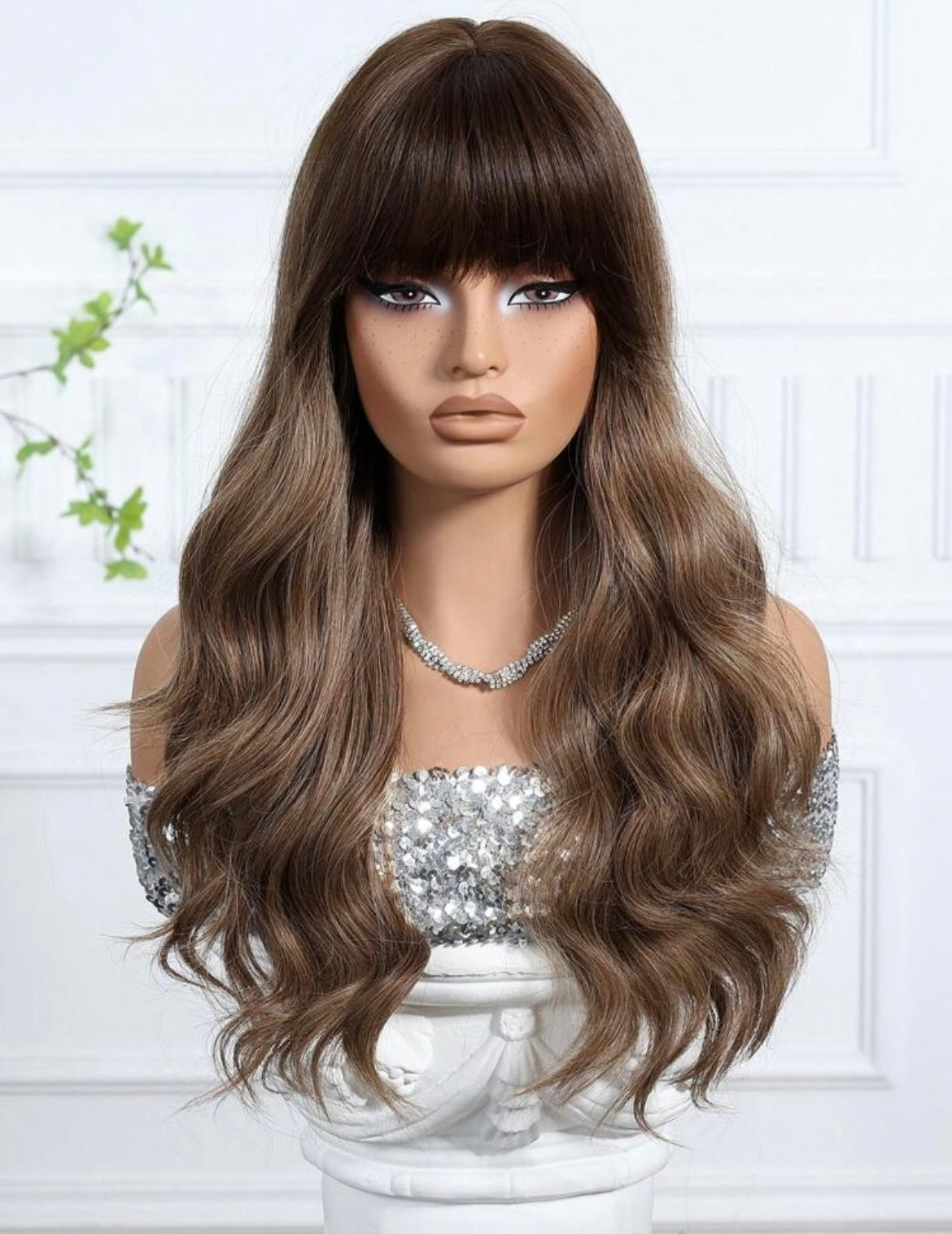 Brown Straight Bangs And Long Curly Hair Synthetic Wigs Natural-Looking And Heat Resistant
