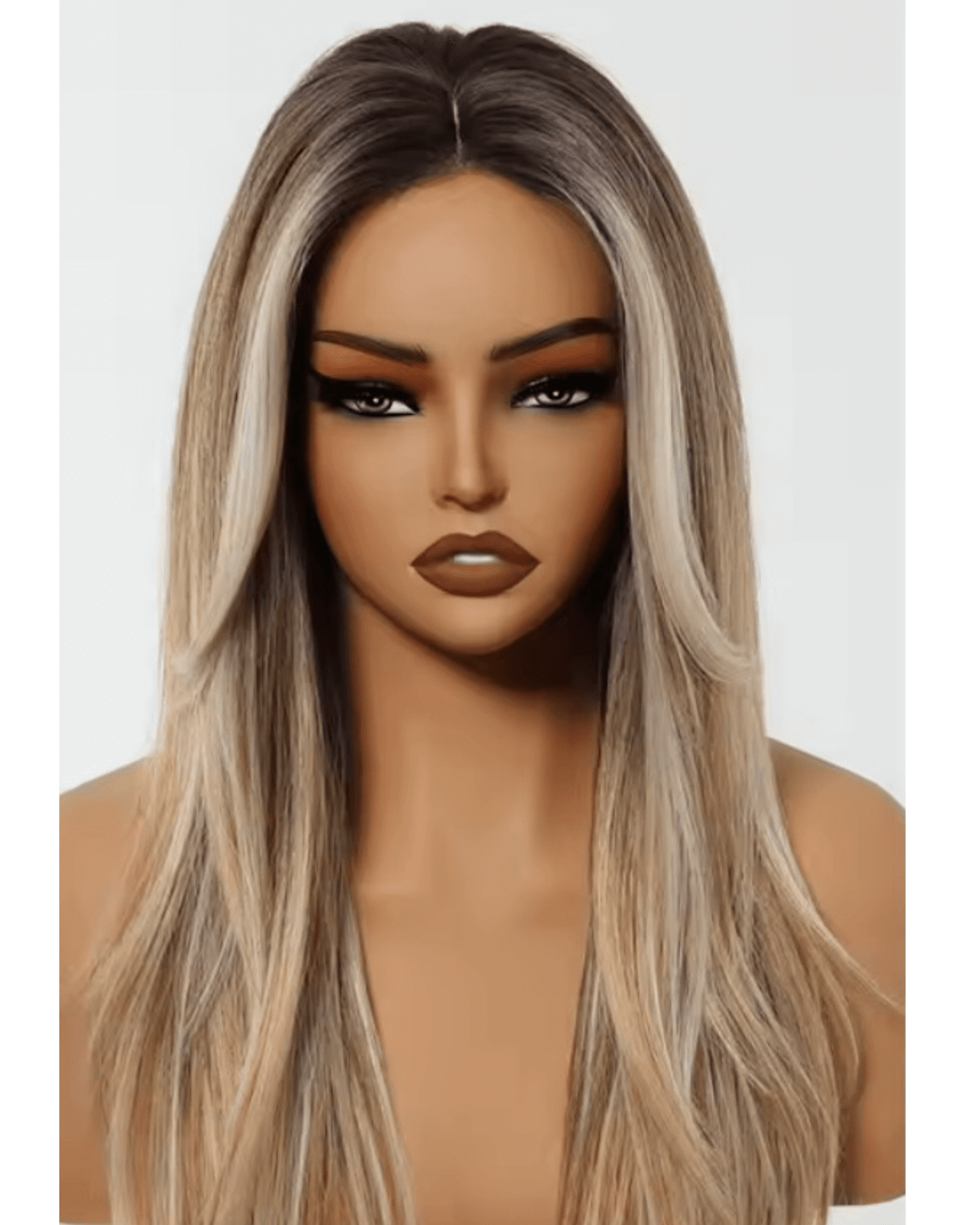 Long Straight Hairline Lace Front Synthetic Wig Brown Mixed White Natural Middle Part