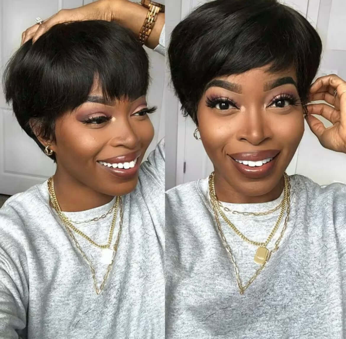 Short Pixie Cut Human Hair Glueless Wig With Side Bangs