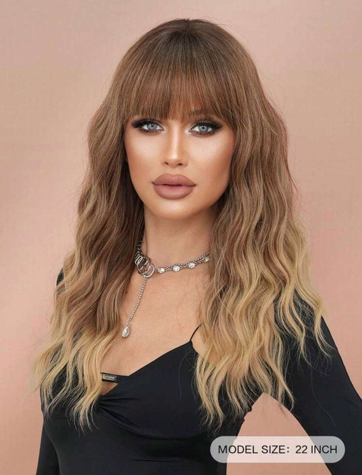Ombre Brown Wig With Bangs Long Wavy Brown Mixed Blonde Wig With Dark Roots Daily Party Use