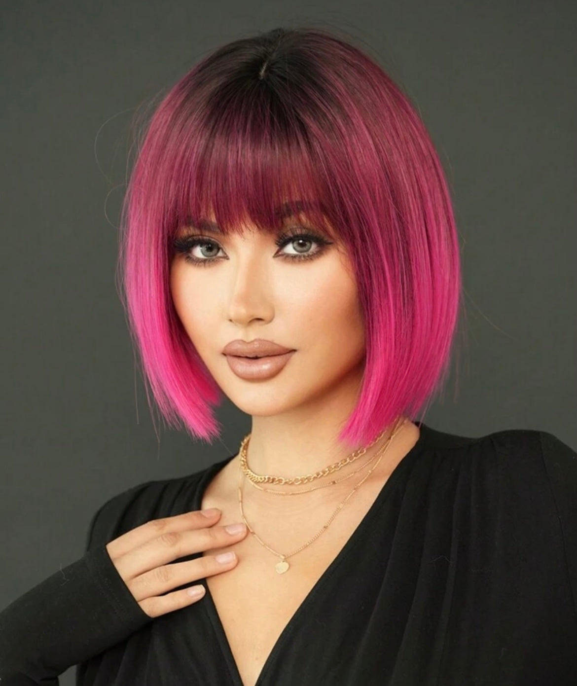 Ombre Rose Red Wig Short Straight Bob Wigs With Bangs Dark Root Synthetic Hair Wigs Colored Wig - Labelle Boutique Hair