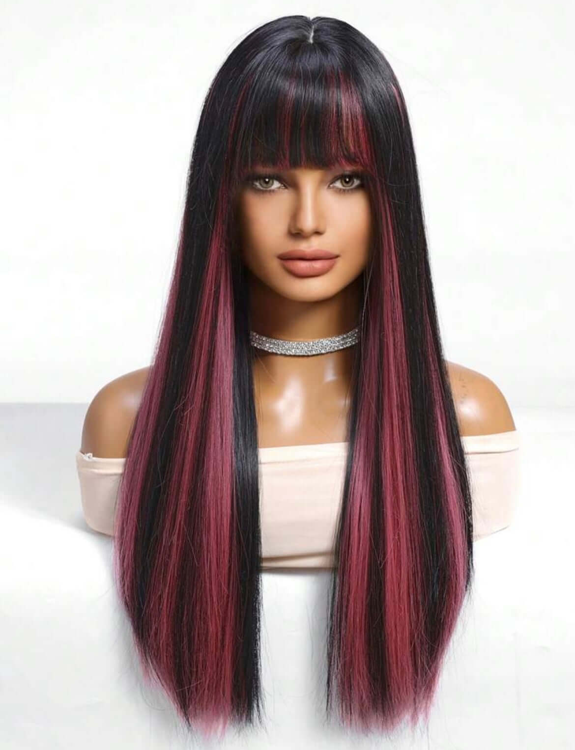 Black And Pink Long Straight Synthetic Wig With Bangs Heat Resistant Fiber Wig