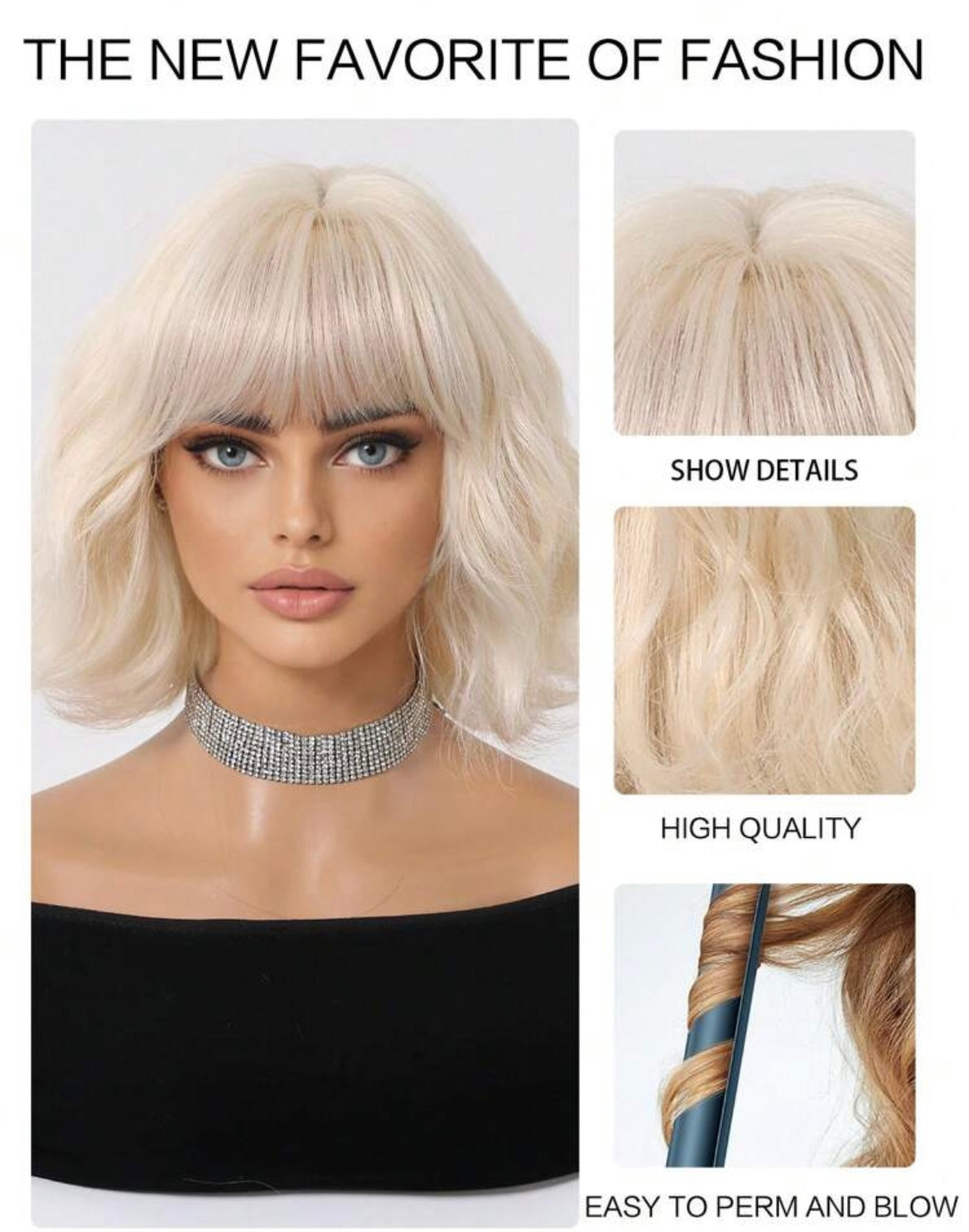 Blonde Bob Wig with Bangs – Short Wavy Synthetic Hair – Platinum Blonde Lob – Natural Looking Cosplay & Everyday Wig