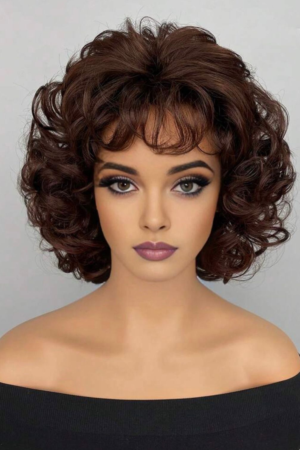 Synthetic Wig Brown Short Curly Hair With Bangs Suitable For Daily Wear