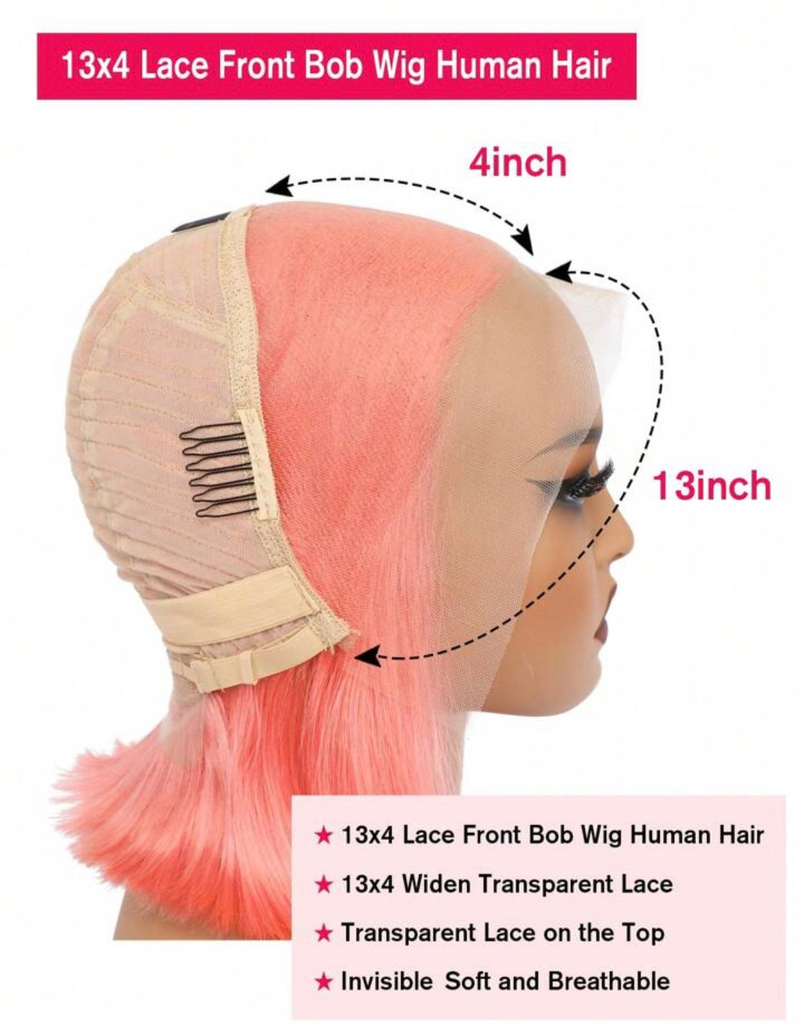Pink Color Transparent Lace Straight Lace Frontal Wig Ear To Ear Lace Frontal Short Human Hair Bob