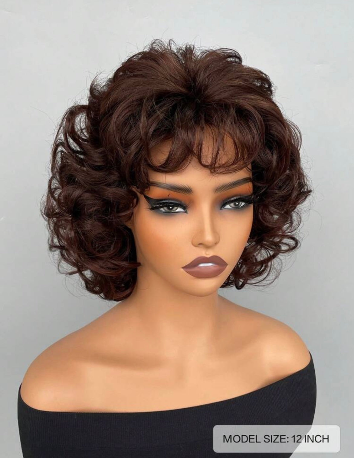 Synthetic Wig Brown Short Curly Hair With Bangs Suitable For Daily Wear