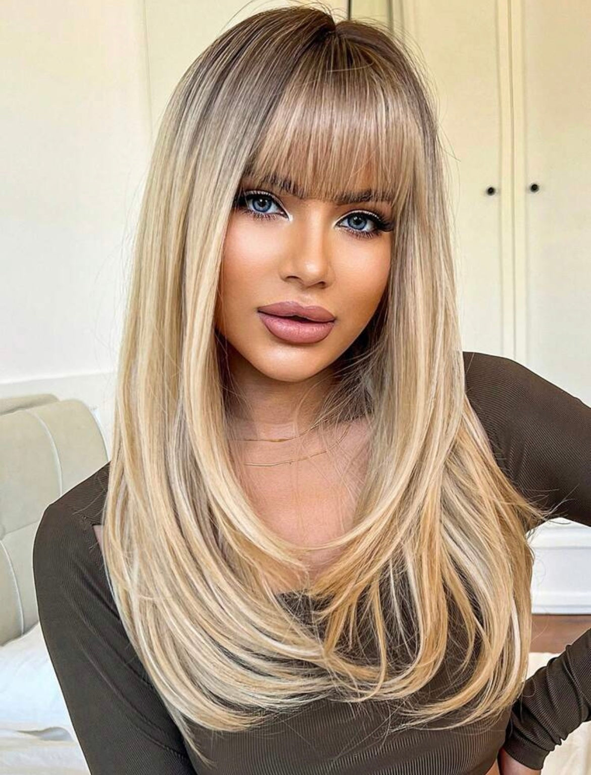 Long Gradient Gold Wig with Bangs – Natural Look Synthetic Hair for Women Heat Resistant & Daily Wear