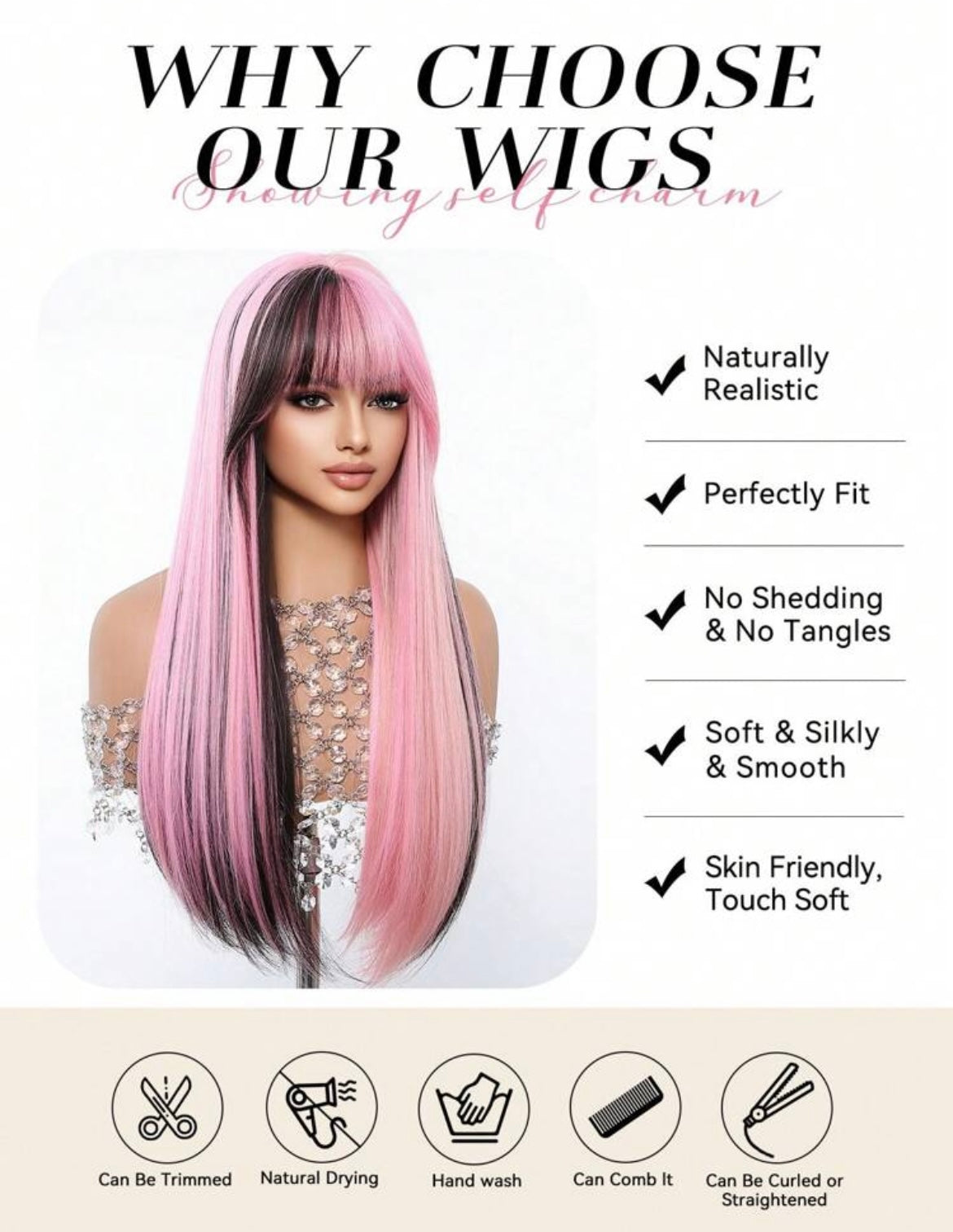 Ombre Black Pink Wig With Bangs Long Straight Wig For Women Natural Synthetic Daily Cosplay Party