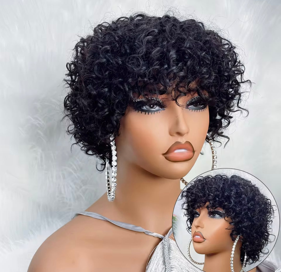 Pixie Cut Human Hair Wigs For Black Women Afro Rose Curly Funmi Glueless Wigs with Bangs Short Bouncy Curly Bob Wig With Bangs