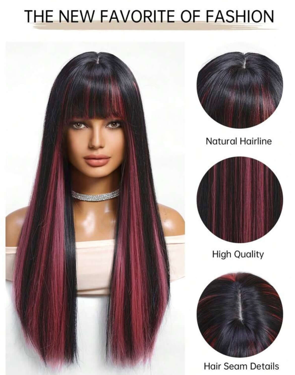 Black And Pink Long Straight Synthetic Wig With Bangs Heat Resistant Fiber Wig