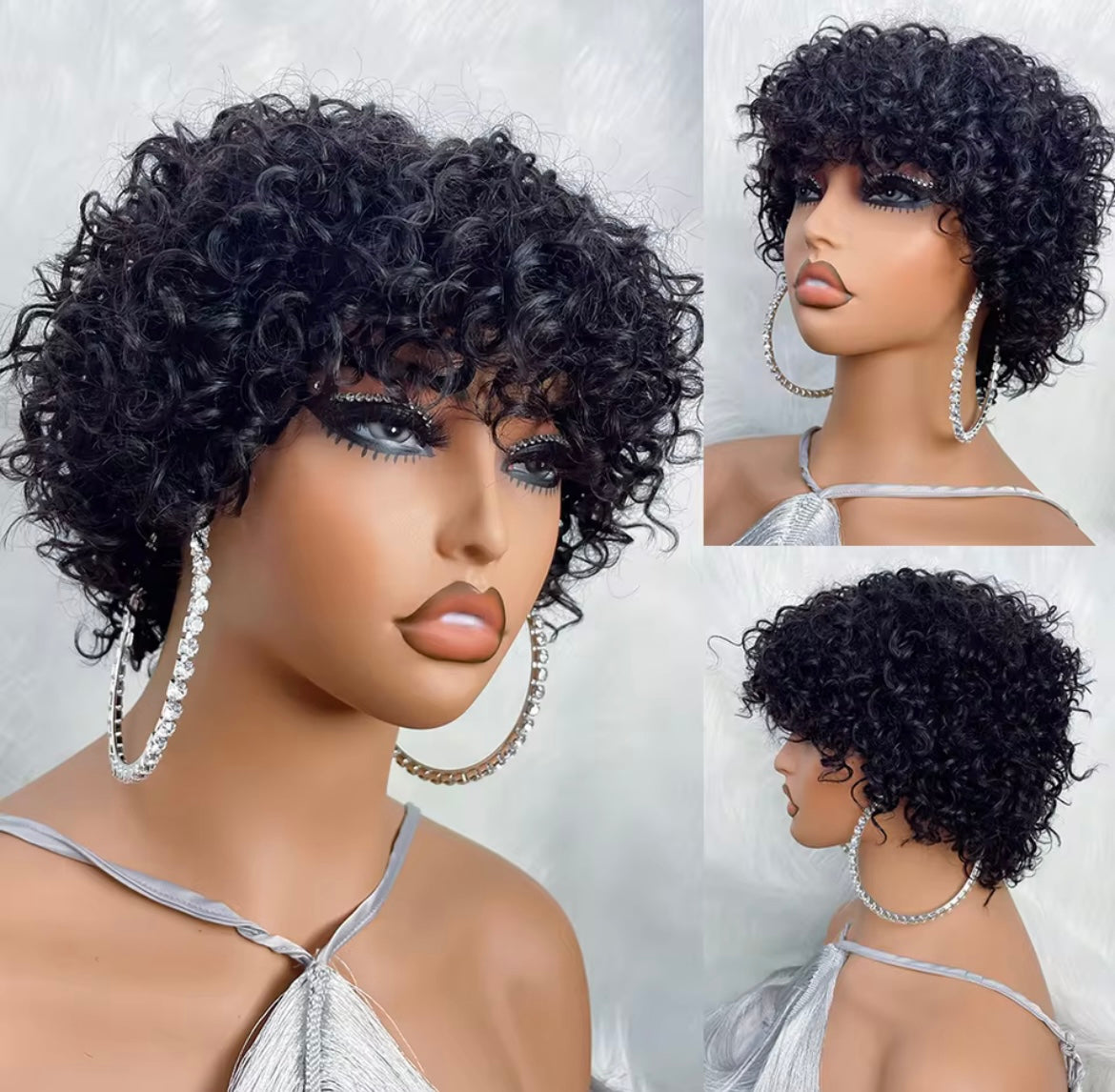 Pixie Cut Human Hair Wigs For Black Women Afro Rose Curly Funmi Glueless Wigs with Bangs Short Bouncy Curly Bob Wig With Bangs