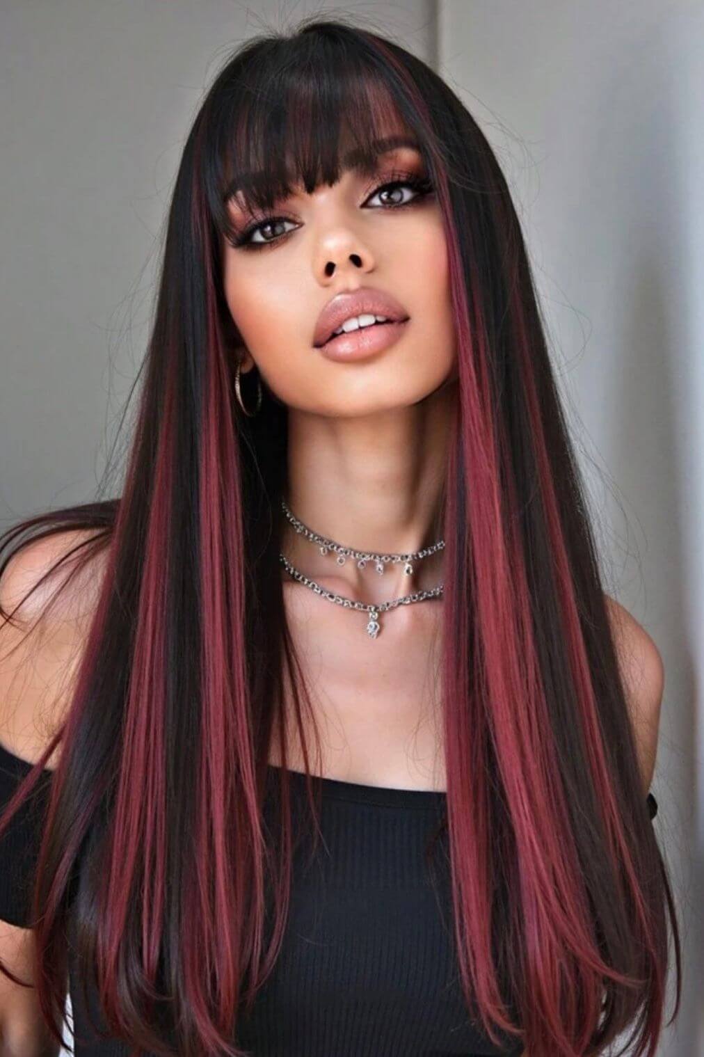 Black And Pink Long Straight Synthetic Wig With Bangs Heat Resistant Fiber Wig