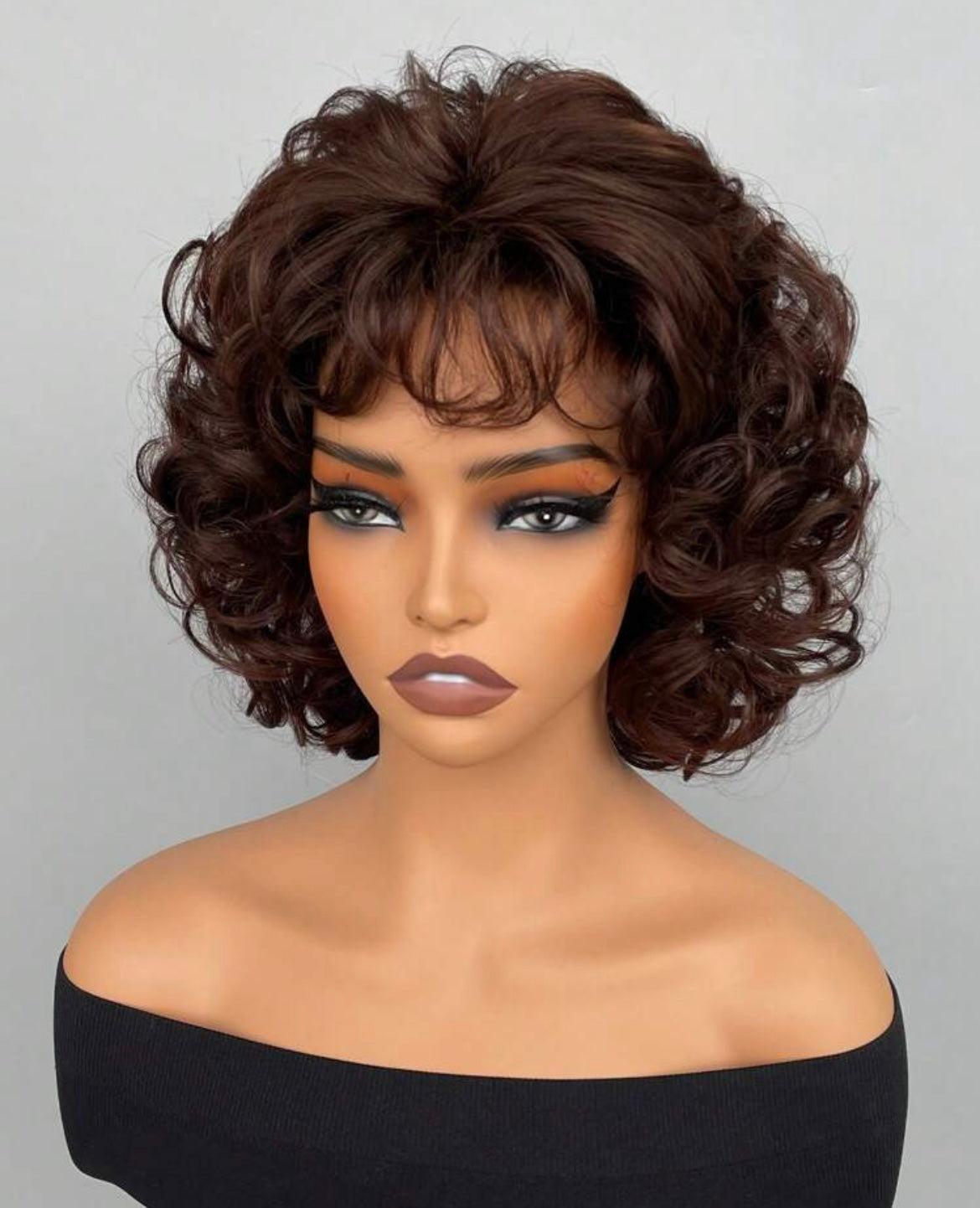 Synthetic Wig Brown Short Curly Hair With Bangs Suitable For Daily Wear