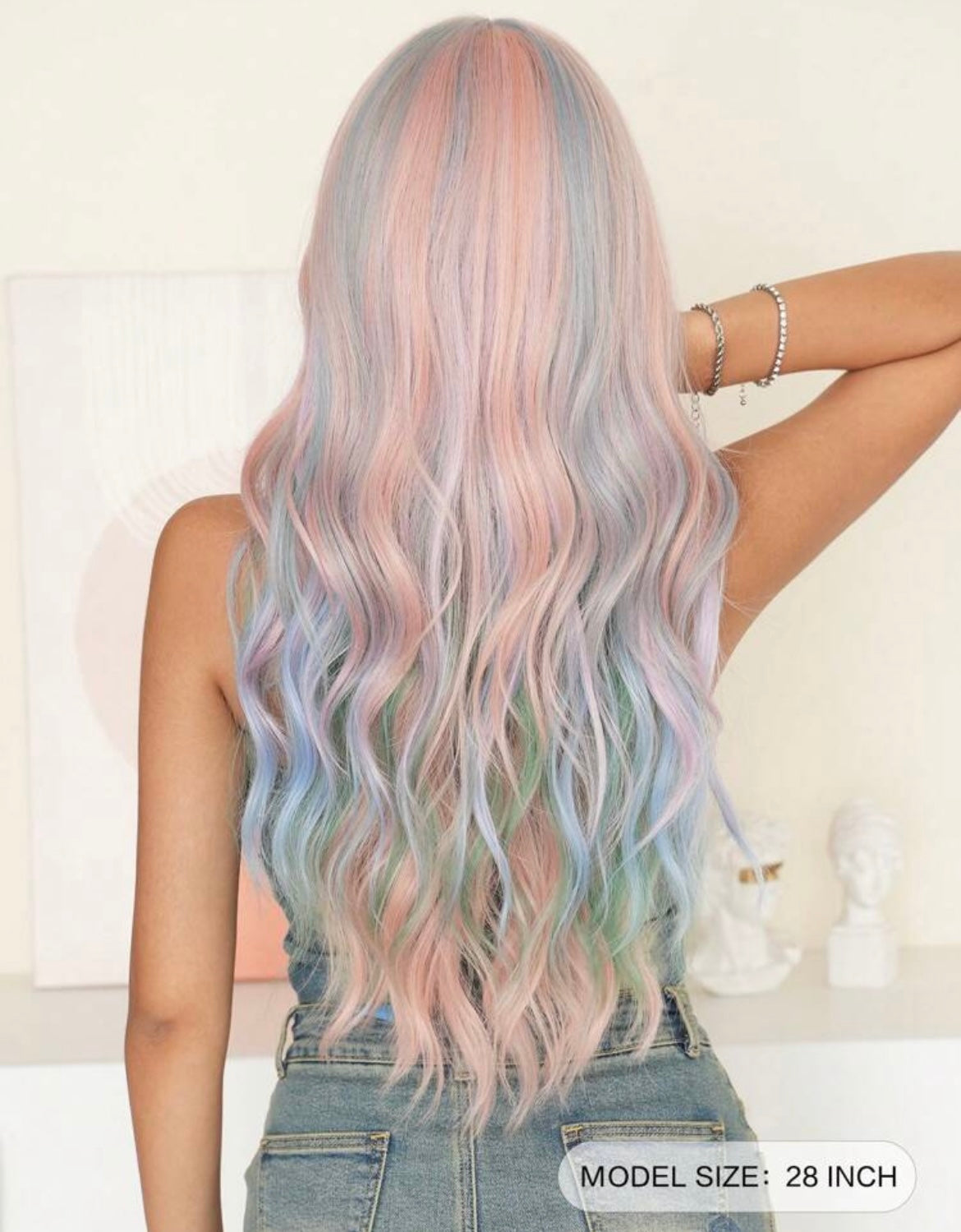 Pink Wig With Bangs Long Loose Wavy Wig Highlight Green Blue Hair Synthetic Hair Colored Wigs For Women Halloween Christmas