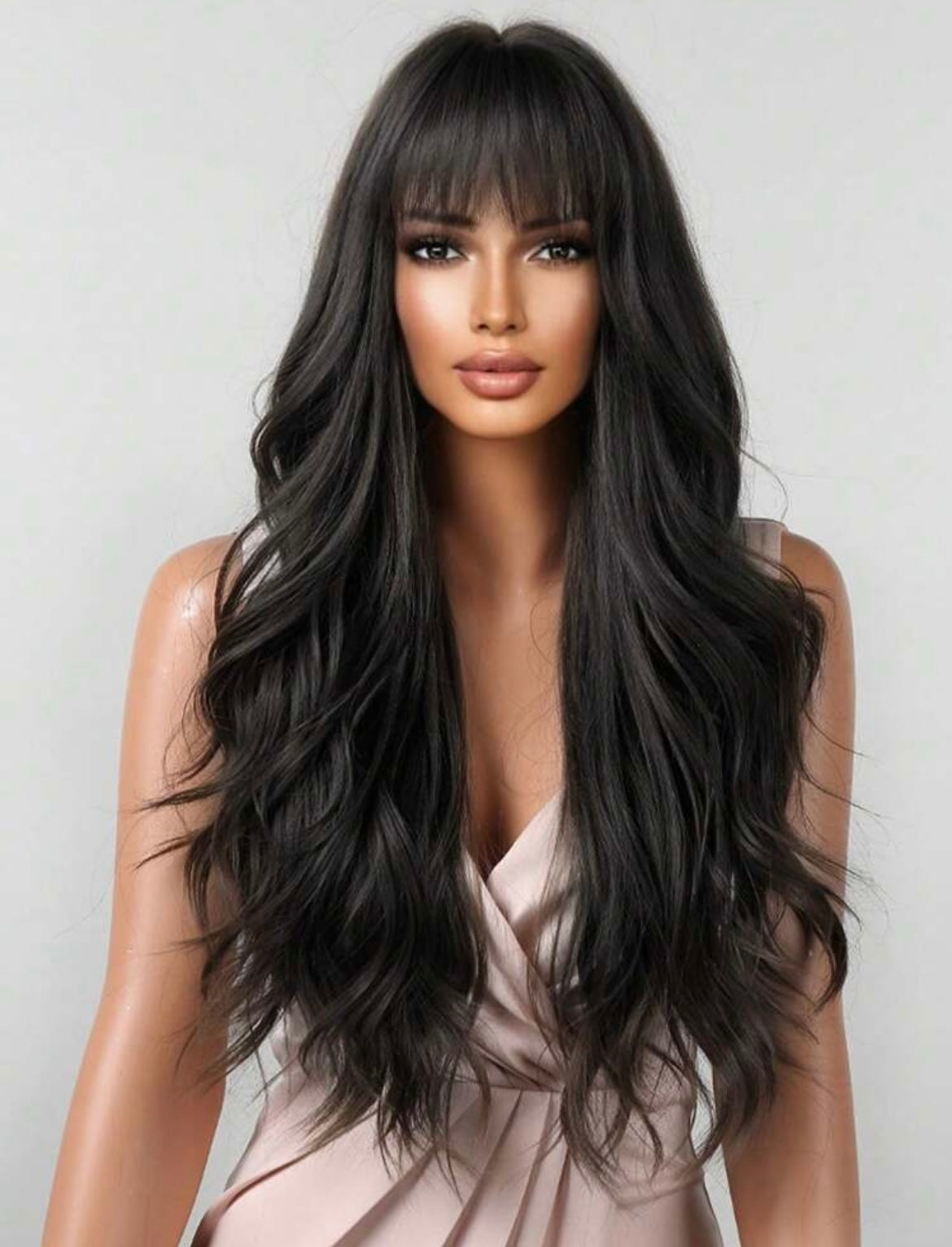Long Curly Wigs With Bangs Black Wavy Wigs Synthetic Wigs Black Long Curly Wave Wig - Labelle Boutique Hair