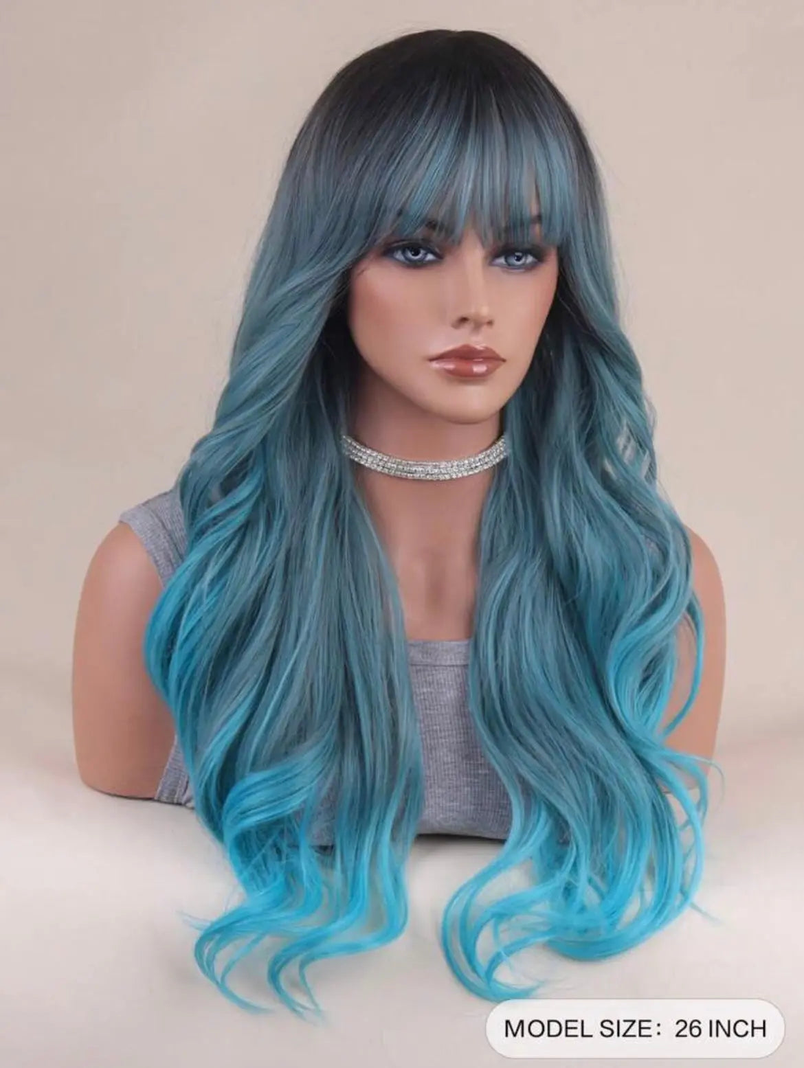 Lace Front Blue Gradient Color Bangs Big Wavy And Long Curly Wig - Labelle Boutique Hair