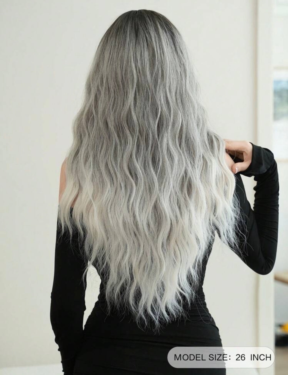 Ombre Grey Wigs Wavy Wig With Bangs Dark Roots Gray To White Natural Looking Long Curly Synthetic Wig For Women - Labelle Boutique Hair