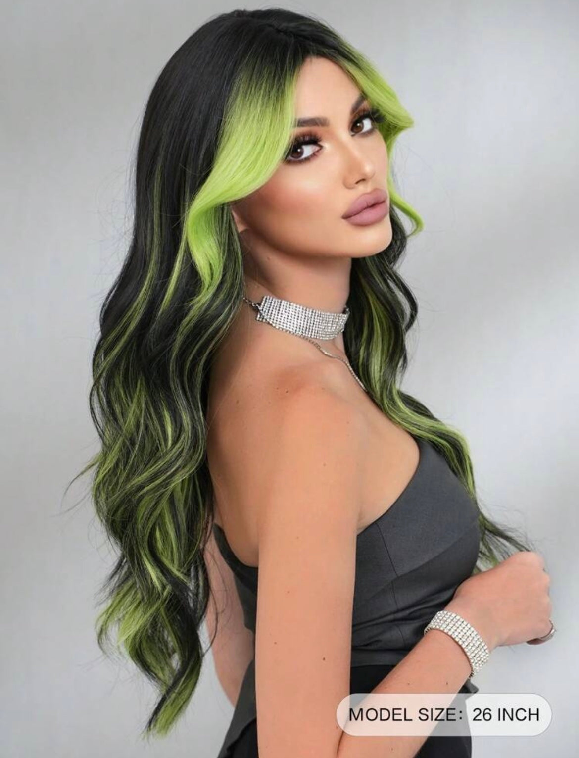 Highlight Green Wig Mixed Long Black Wave Curly Wig With Curtain Bangs Wigs