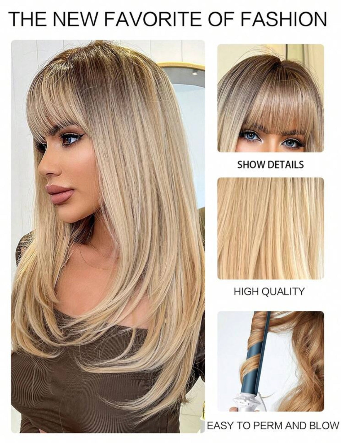 Long Gradient Gold Wig with Bangs – Natural Look Synthetic Hair for Women Heat Resistant & Daily Wear