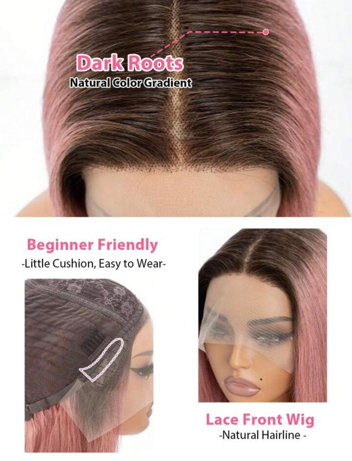 Pink Bob Wig Human Hair Lace Front Wig T Part Pink Ombre Straight