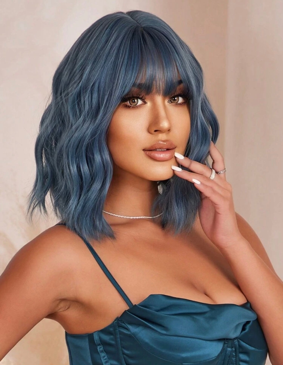 Curly Wavy Wigs With Bangs Blue Highlight Wavy Wigs For Women Synthetic Heat Resistant Party Cosplay Halloween Wigs