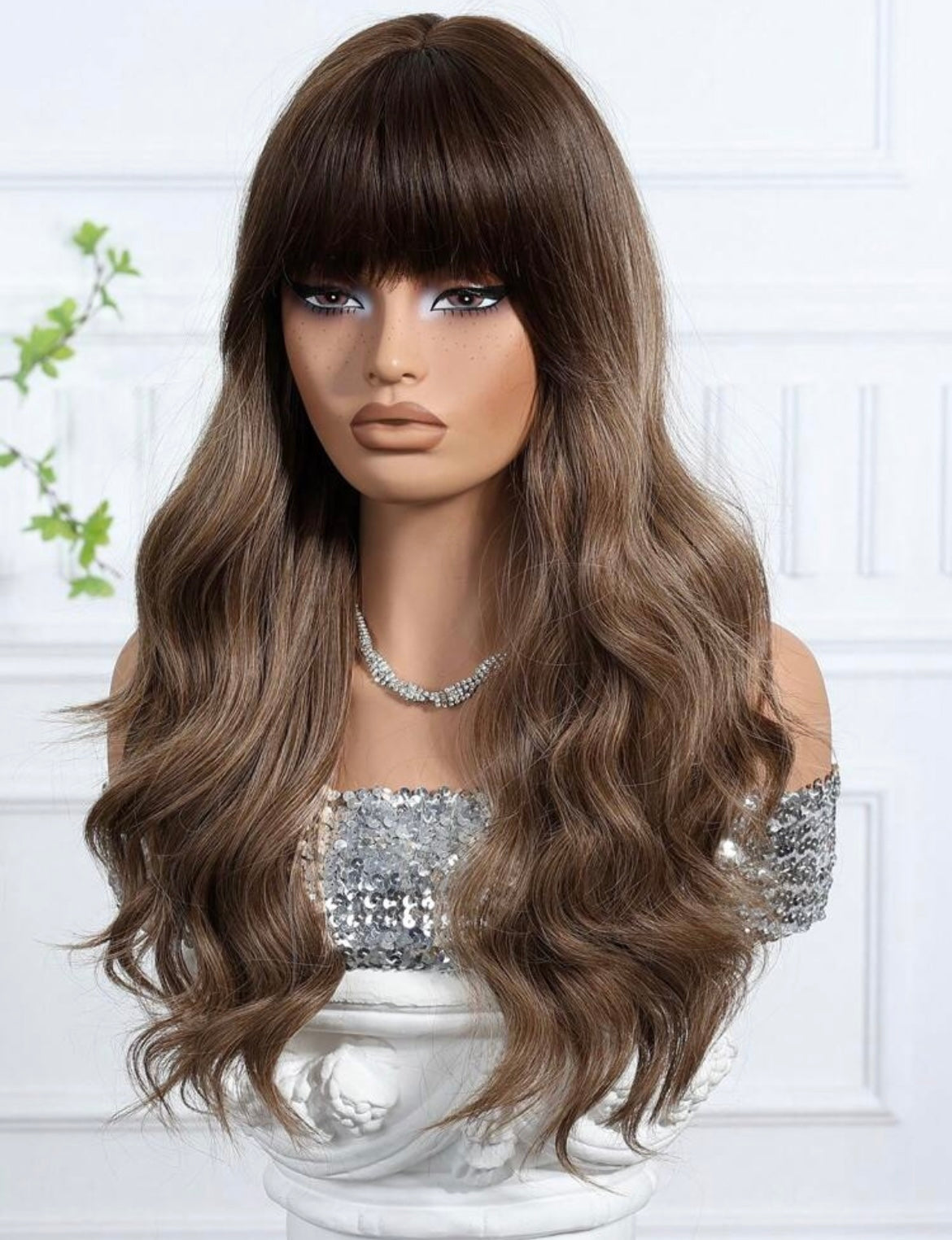 Brown Straight Bangs And Long Curly Hair Synthetic Wigs Natural-Looking And Heat Resistant