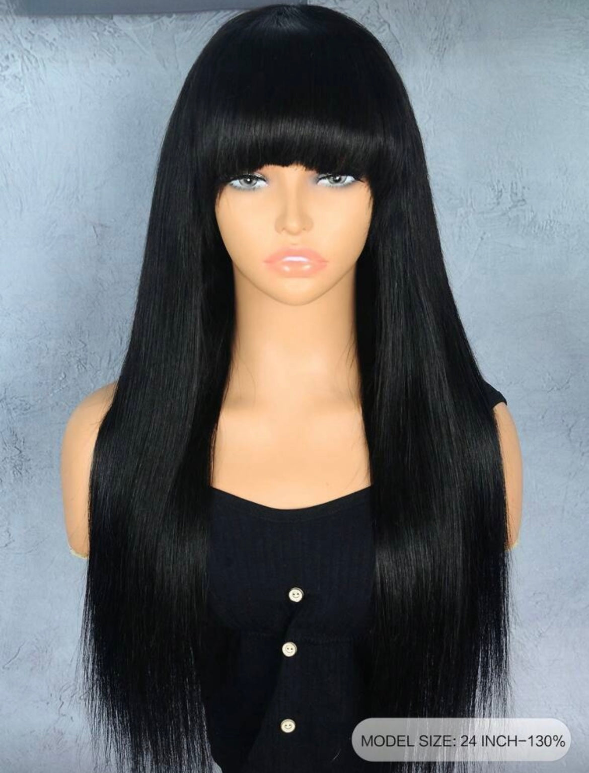 Brazilian Black Straight Human Hair Glueless Wig with Bangs