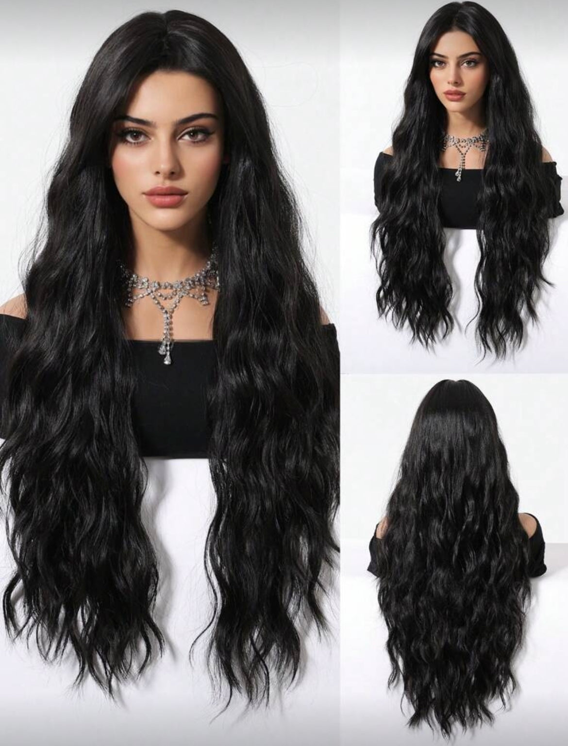 Long Black Wig For Women With Bangs Wavy Curly Synthetic Hair Natural Looking