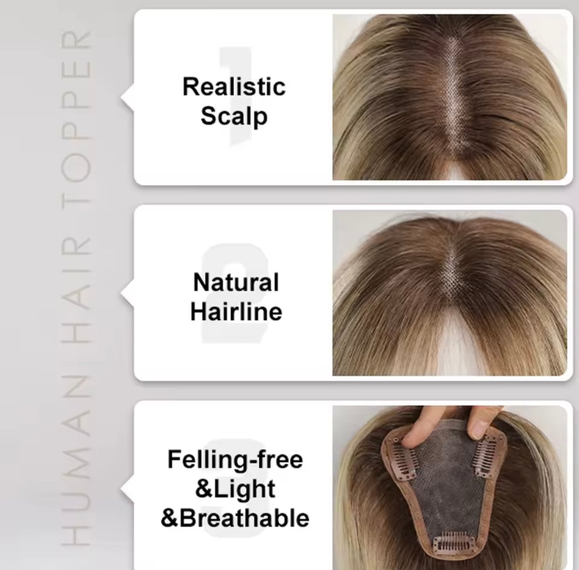 Hair Toppers Blonde Brown Ombre Human Hair Topper HairPieces for Women Silk Base 3Clip in Toppers