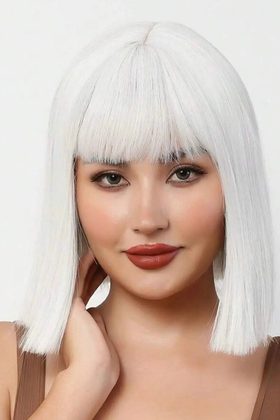 White Short Bob Wig with Bangs Ear-Dyeing Straight Synthetic Wig Short Hair Heat Resistant Wig, Party Cosplay Wig Nature - Labelle Boutique Hair