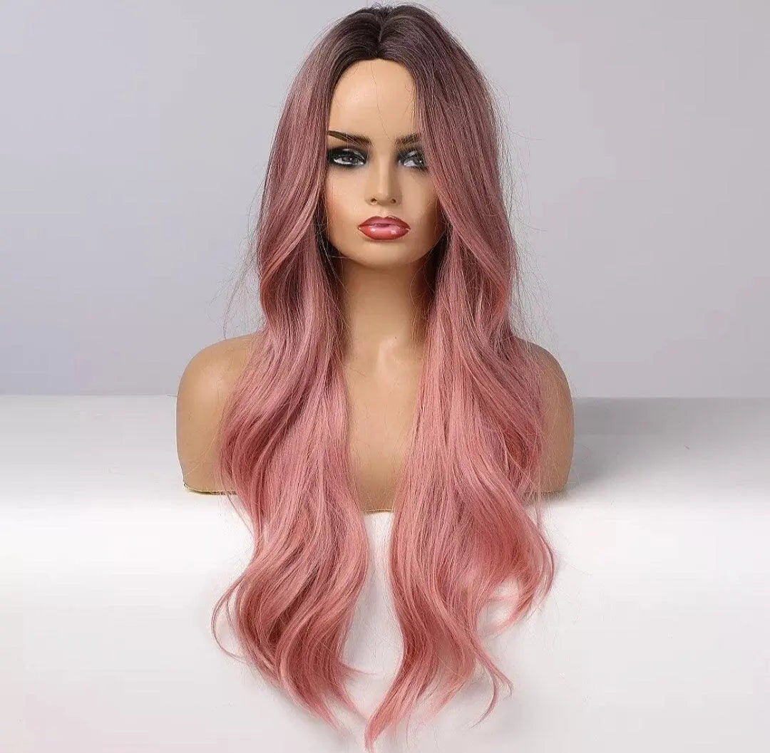 Pink Wavy Wigs With Bangs Long Ombre Wig Ash SyntheticWig - Labelle Boutique Hair
