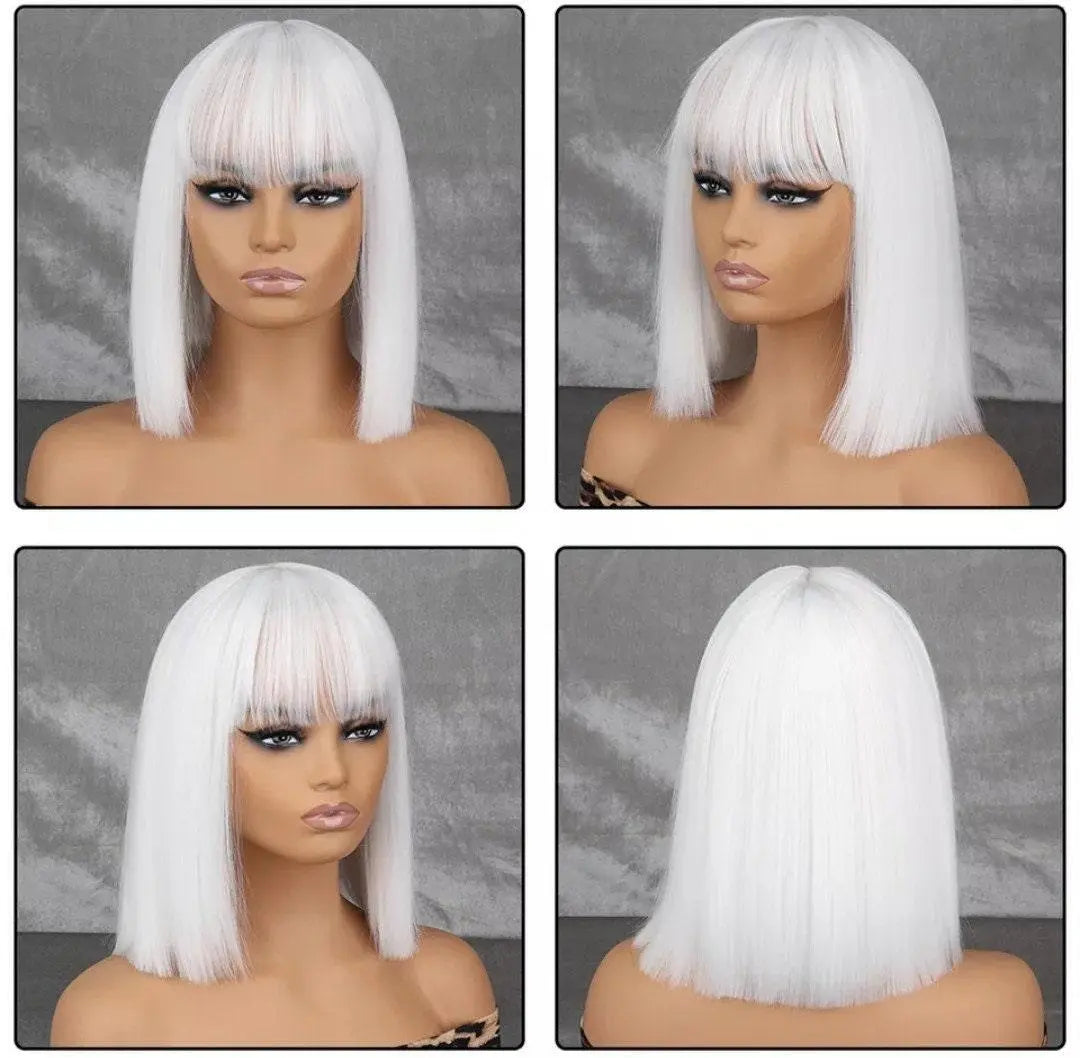 White Short Bob Wig with Bangs Ear-Dyeing Straight Synthetic Wig Short Hair Heat Resistant Wig, Party Cosplay Wig Nature - Labelle Boutique Hair