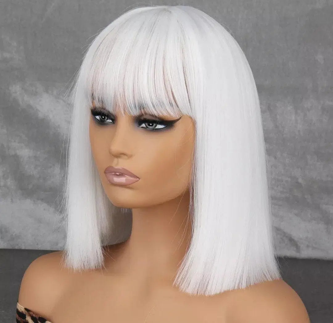 White Short Bob Wig with Bangs Ear-Dyeing Straight Synthetic Wig Short Hair Heat Resistant Wig, Party Cosplay Wig Nature - Labelle Boutique Hair