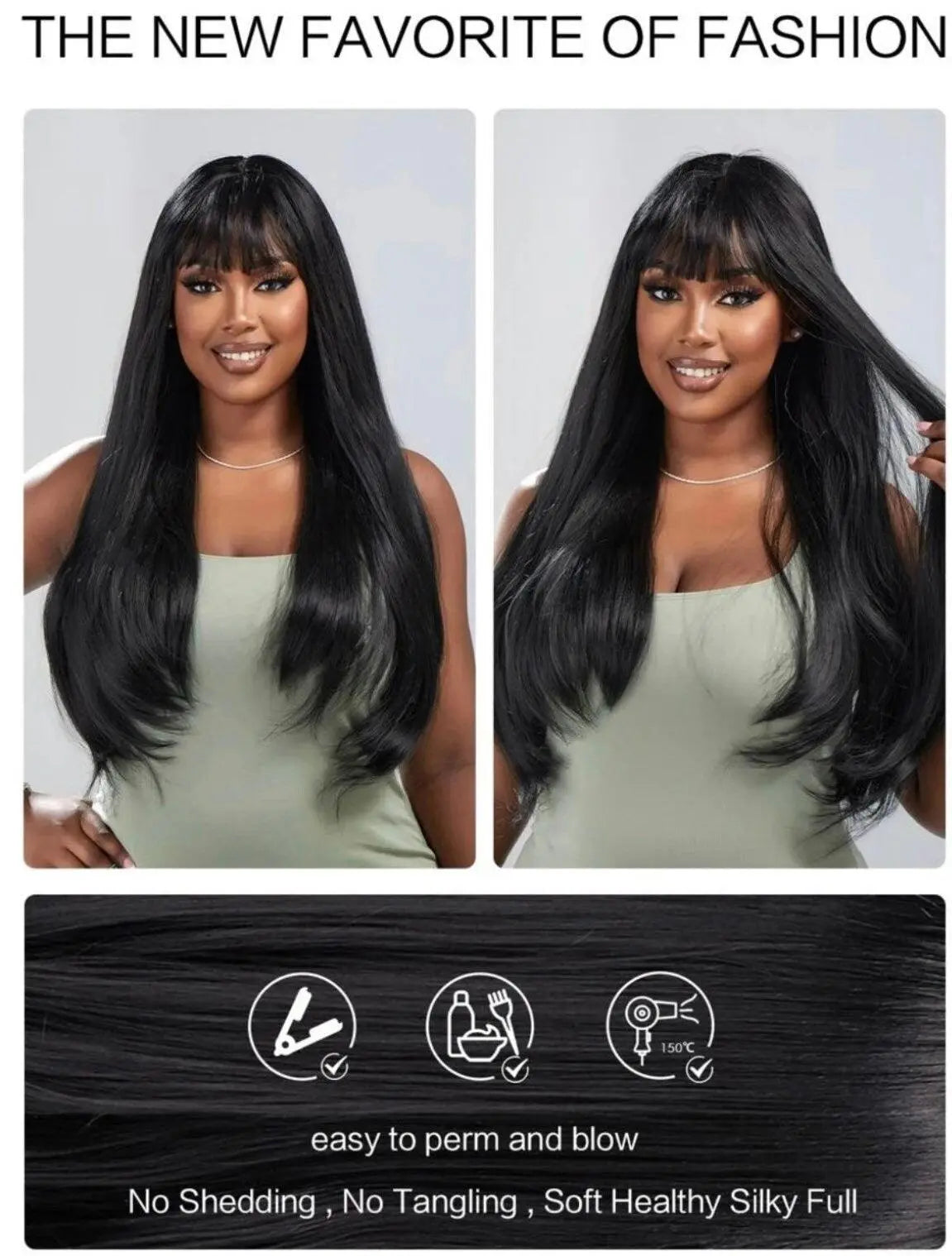 Natural Long Straight Synthetic Black Wig With Bangs - Labelle Boutique Hair