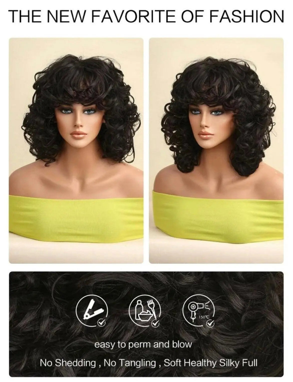 Short Curly Synthetic Black Wig With Bangs - Labelle Boutique Hair
