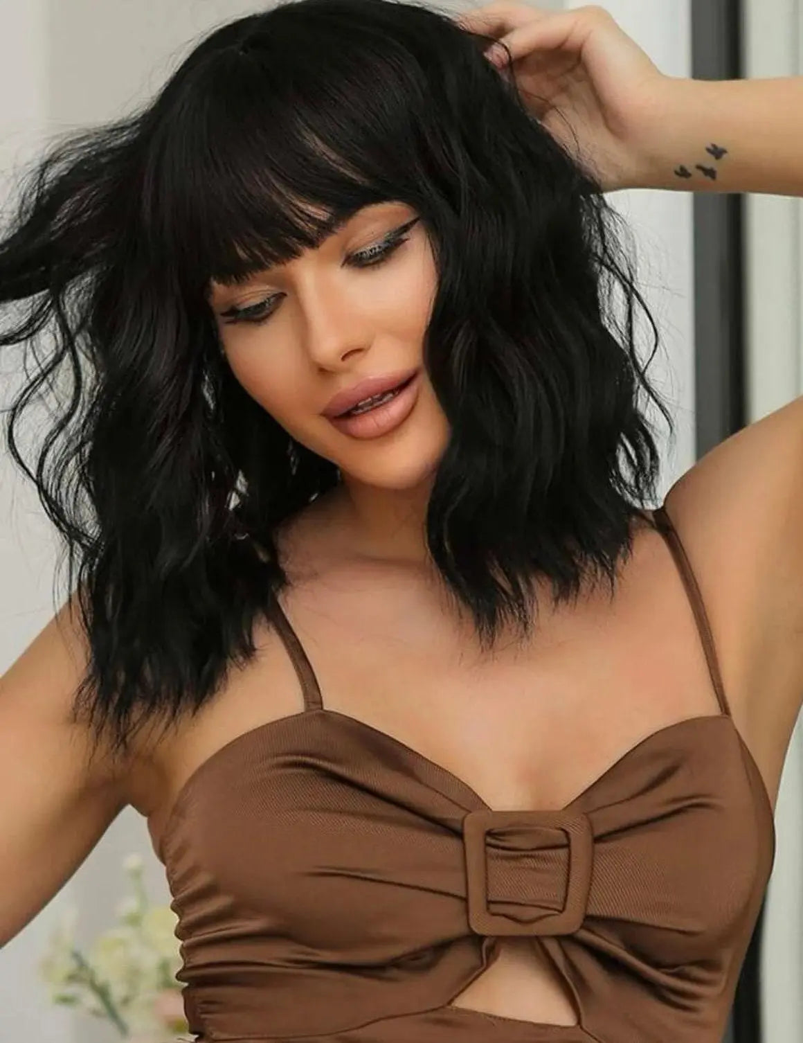 Short Curly Black Wig With Bangs Shot Wave Wig Bob Curly Wig Deep Wave Wig - Labelle Boutique Hair