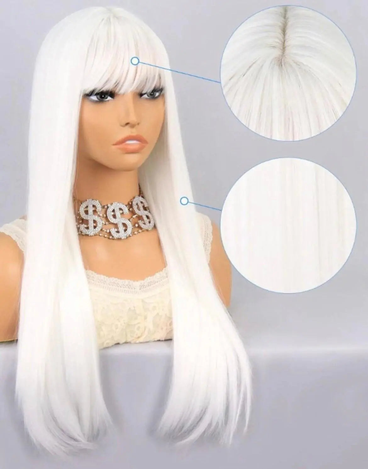 Long Straight Synthetic White Wig With Bangs - Labelle Boutique Hair
