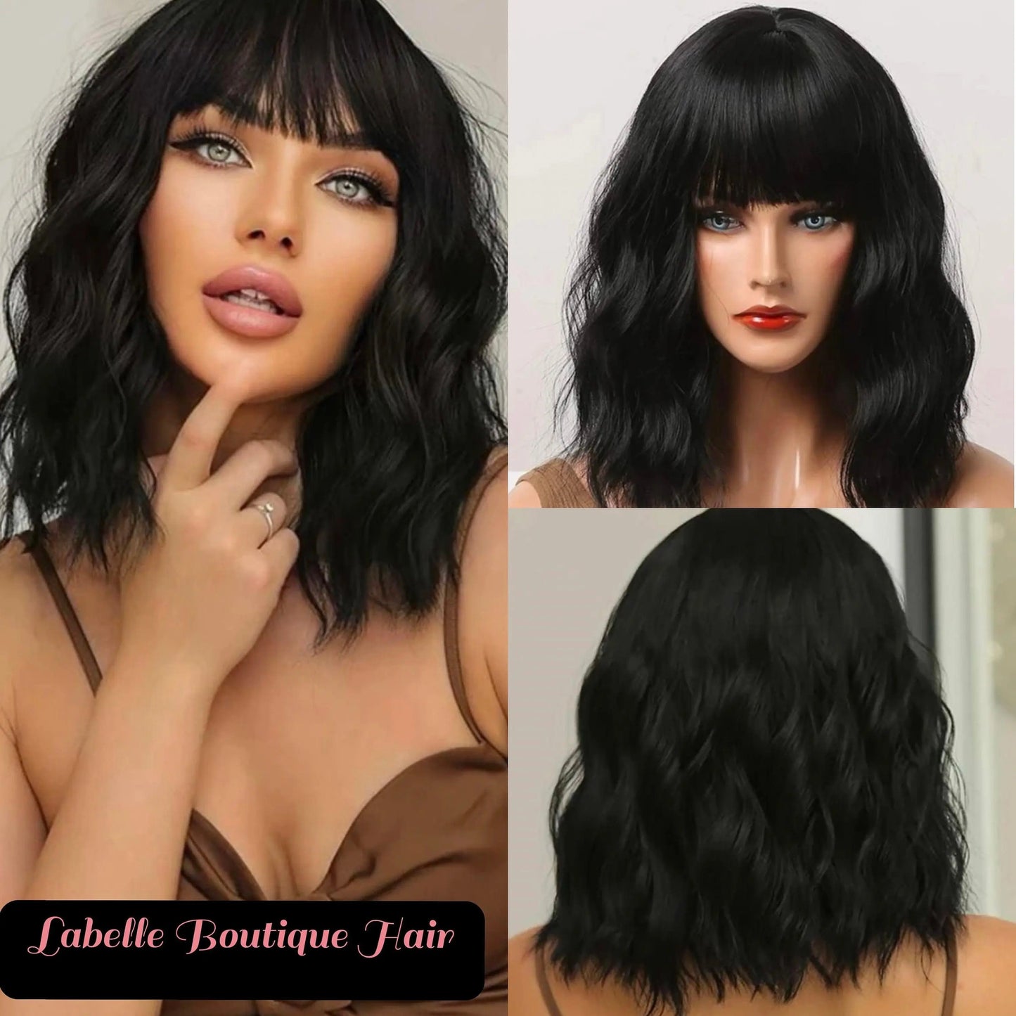 Short Curly Black Wig With Bangs Shot Wave Wig Bob Curly Wig Deep Wave Wig - Labelle Boutique Hair