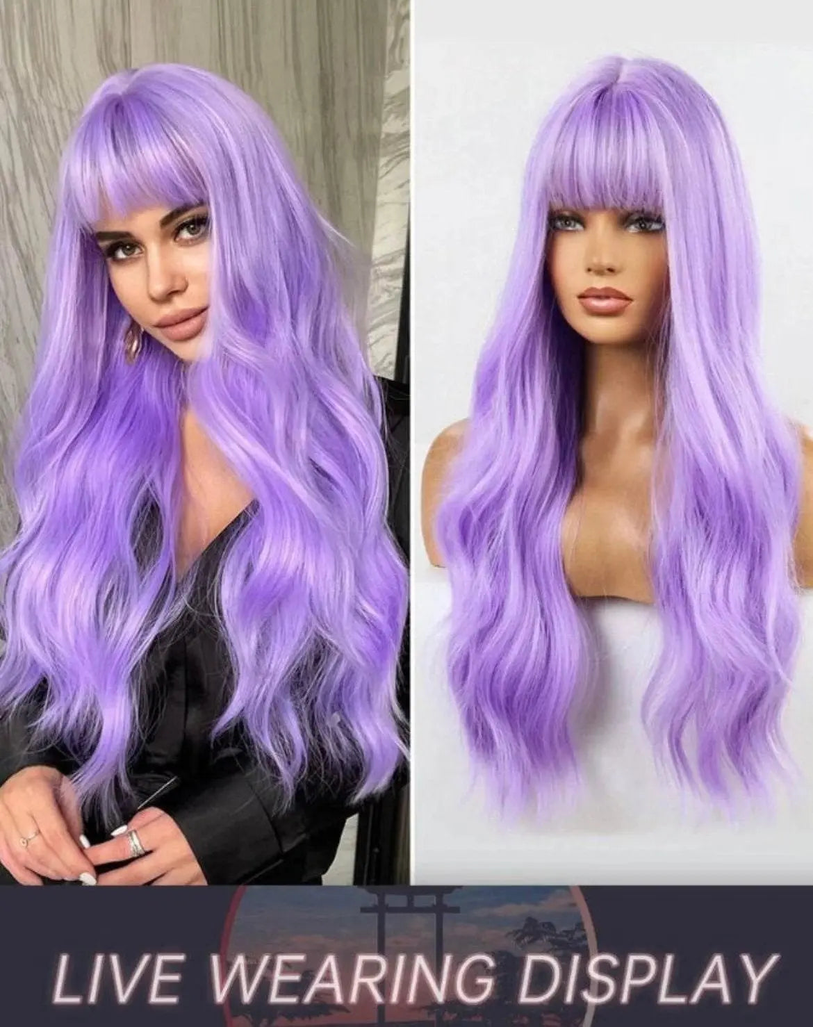 Purple Long Wavy Wig With Bangs Wig Deep Wave Synthetic Wig Wig Halloween Cosplay Wig - Labelle Boutique Hair