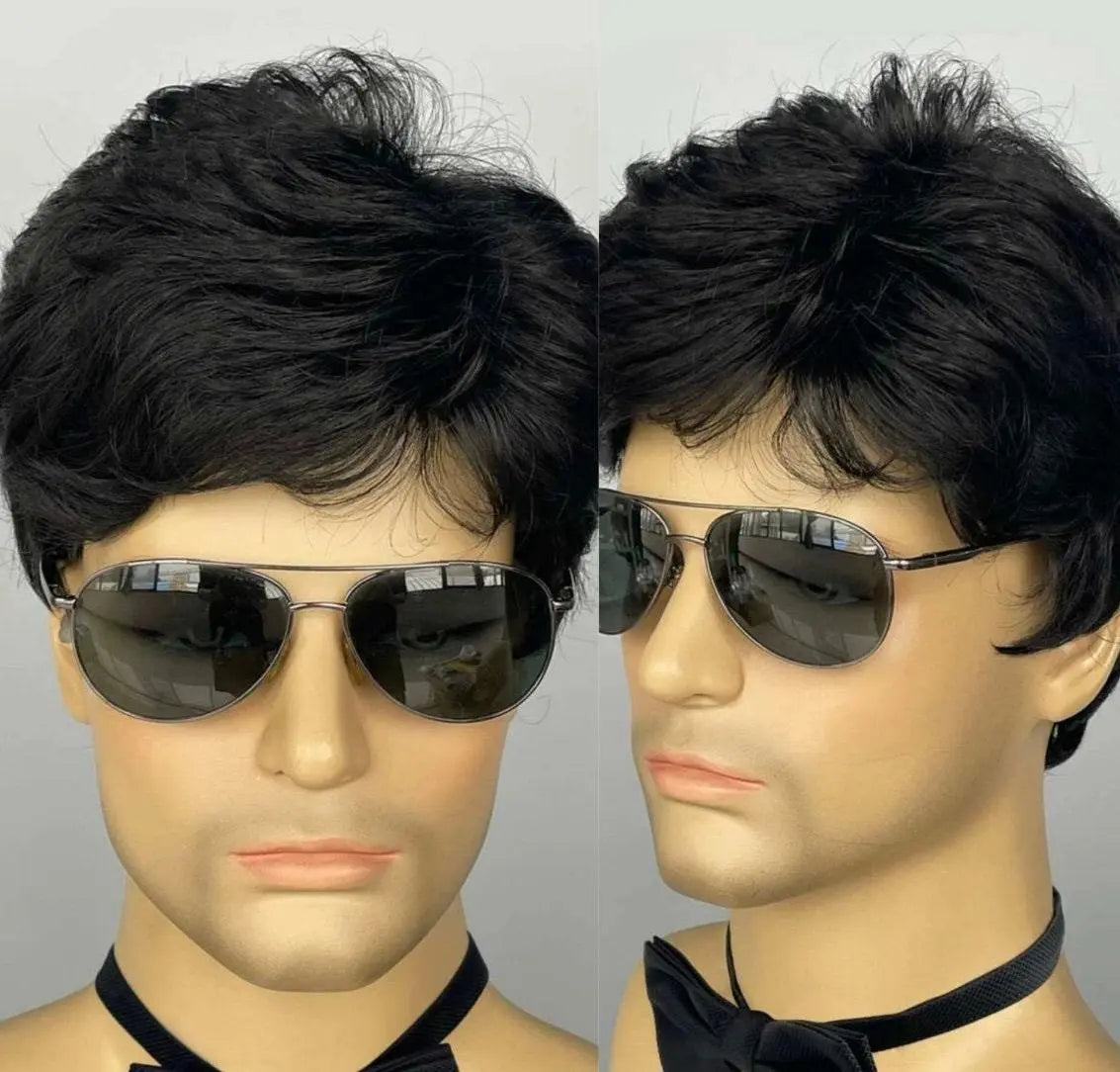 Men Short Curly Synthetic Black Wig With Bangs - Labelle Boutique Hair