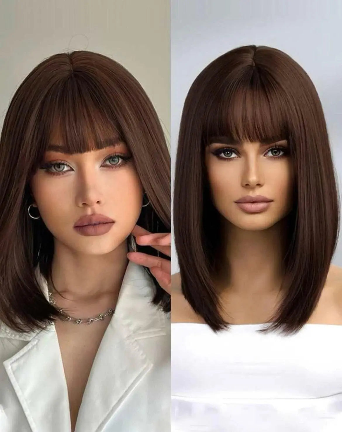 Short Brown Straight Synthetic Wig With Bangs - Labelle Boutique Hair