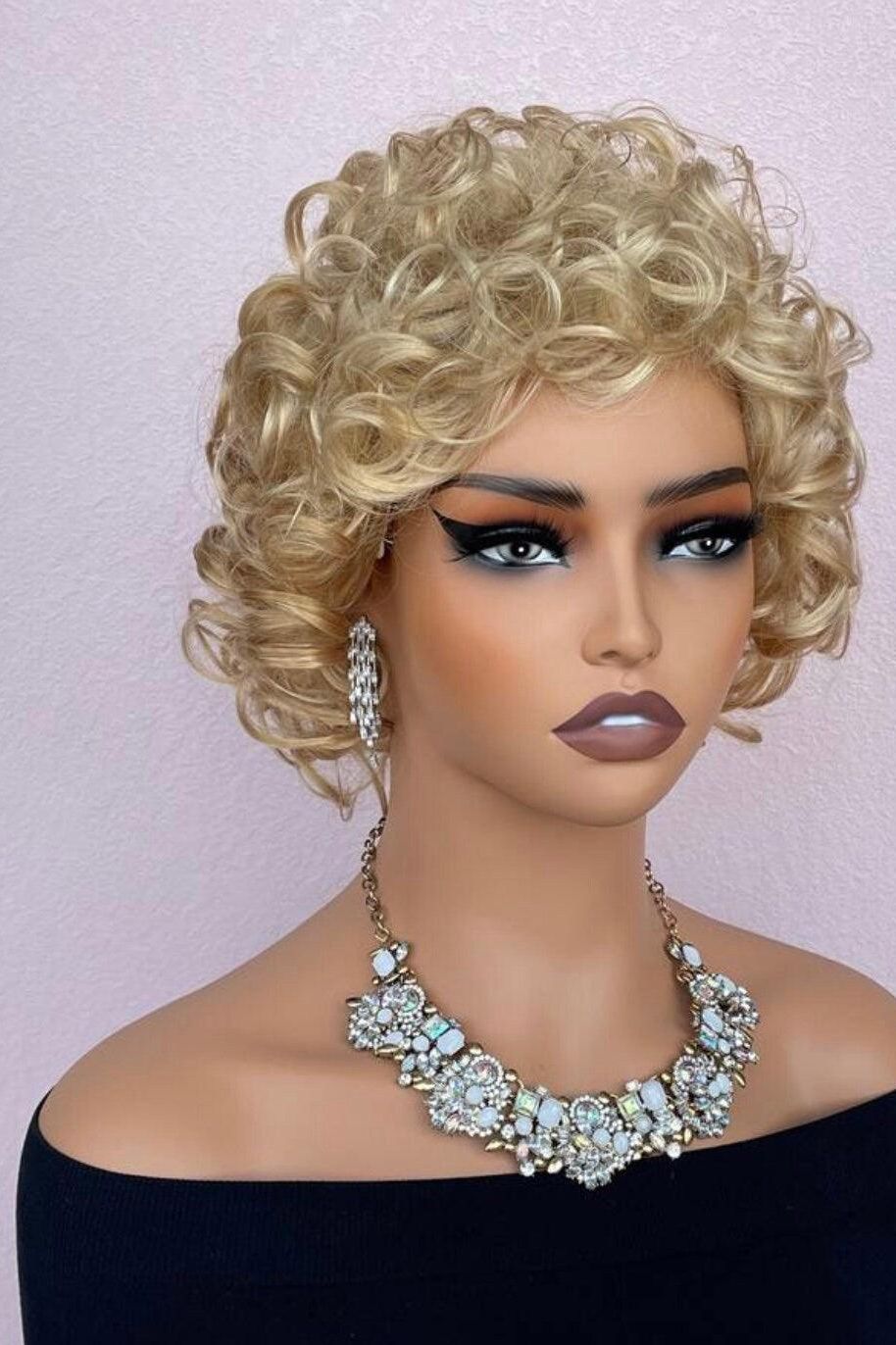 Short Curly Blonde Synthetic Hair Wig With Bangs - Labelle Boutique Hair Short Curly Blonde Synthetic Hair Wig With Bangs