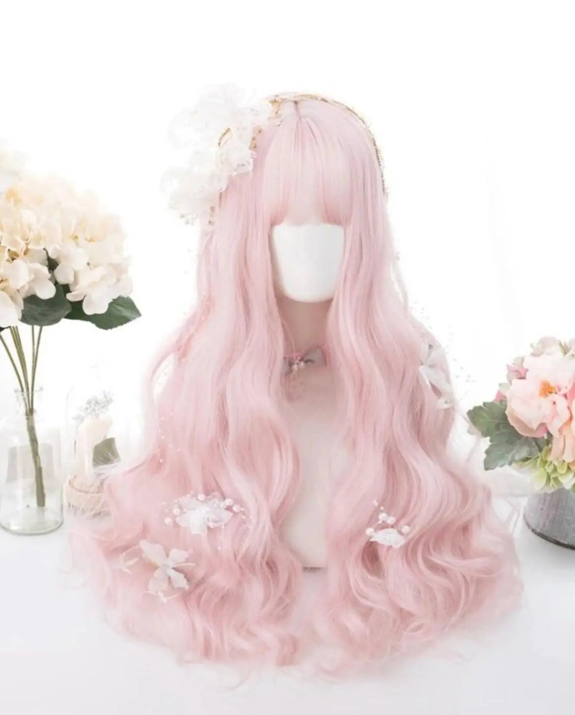 Natural Long Curly Synthetic Baby Pink Wig With Bangs - Labelle Boutique Hair