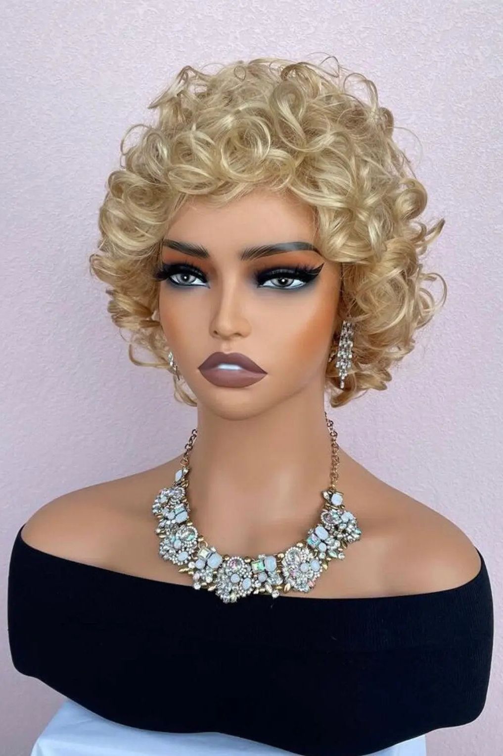 Short Curly Blonde Synthetic Hair Wig With Bangs - Labelle Boutique Hair Short Curly Blonde Synthetic Hair Wig With Bangs