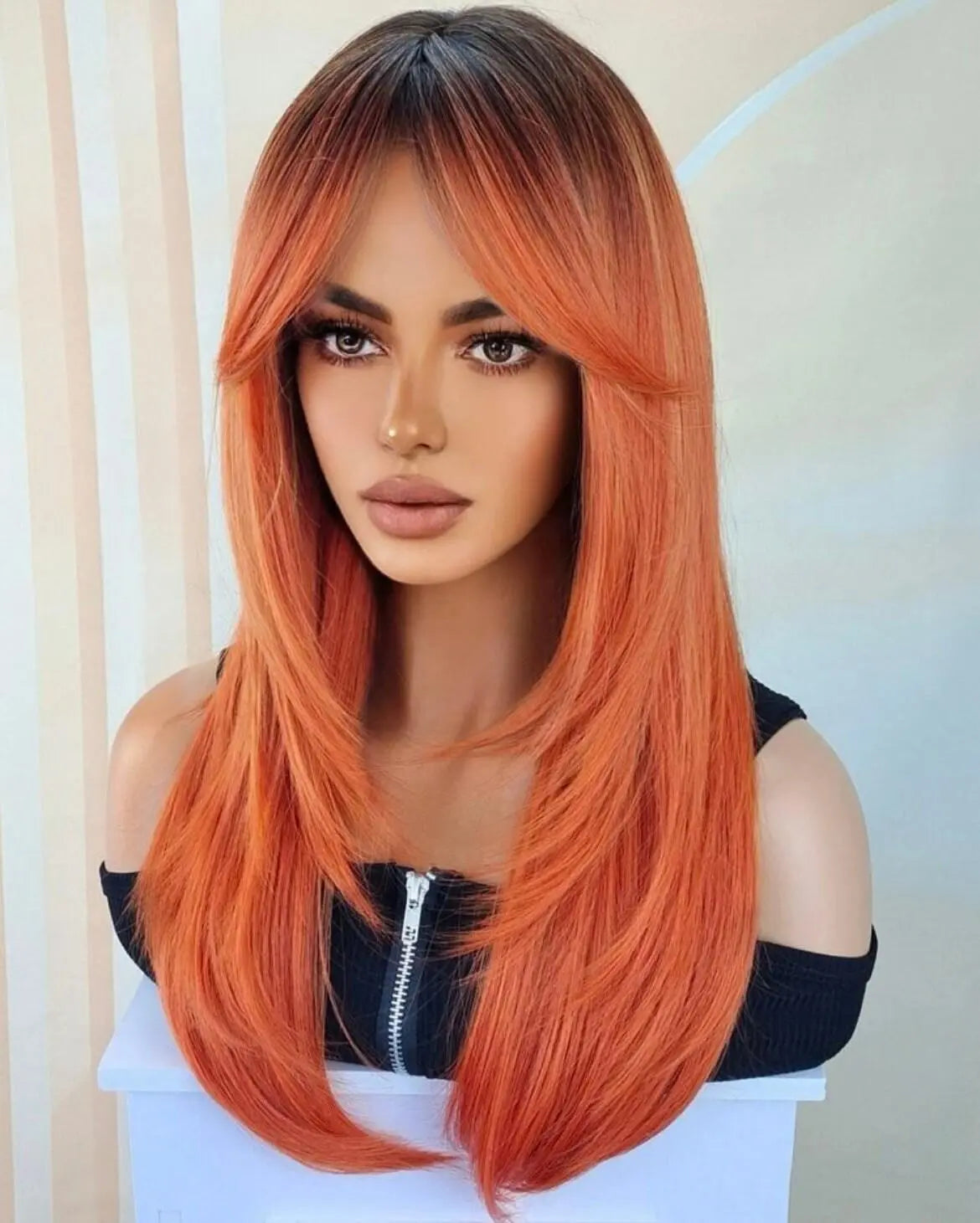Orange long Wig Orange with Bangs - Labelle Boutique Hair